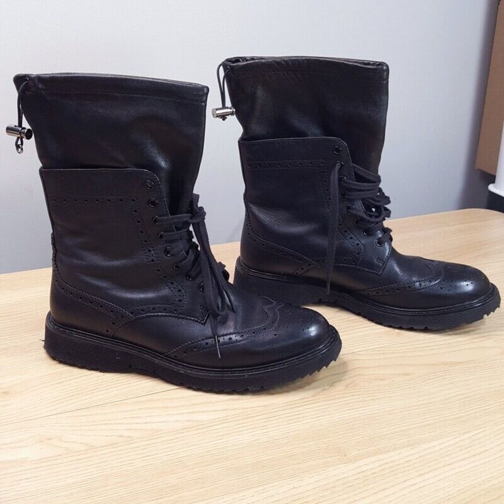 PRADA Combat Boots Womens 39.5 Black Leather Brogue Lace Up